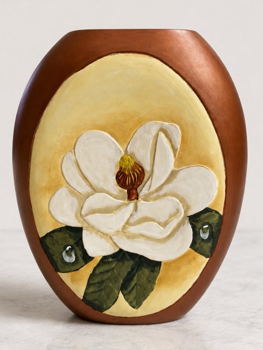 Signed D.L. Cupit Hand Carved Painted Magnolia Flower Vase Folk Art 9.75”